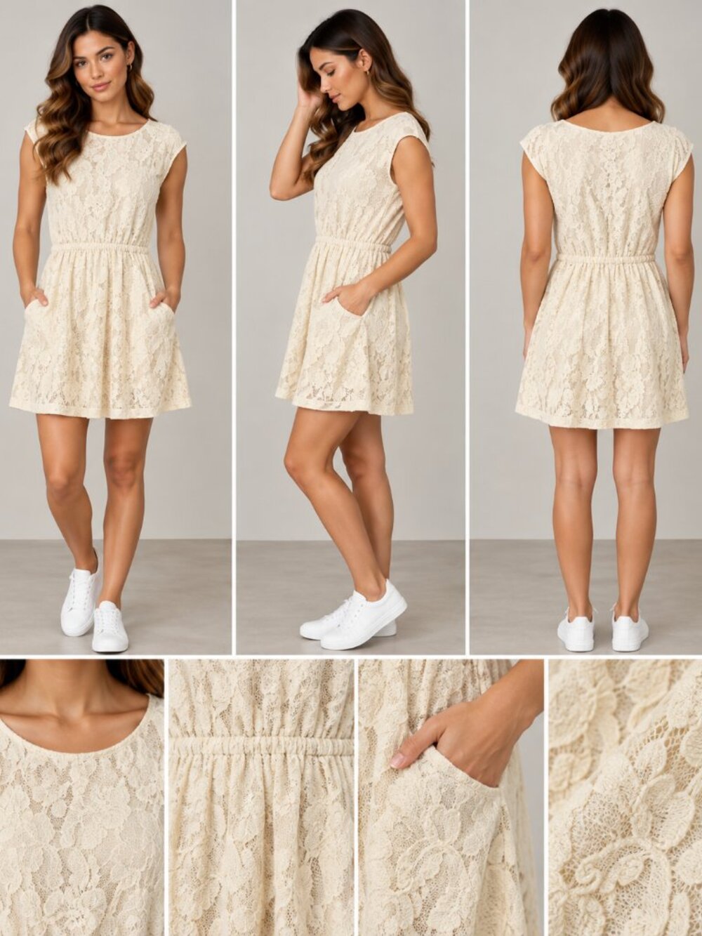 Rewind Ivory Floral Lace Fit & Flare Dress Pockets Juniors M